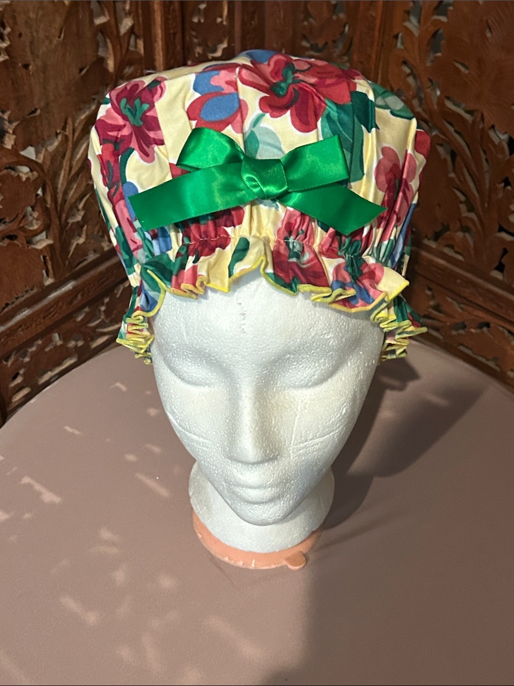 Mimi Al La Mode Floral Satin Shower Cap with Green Bow
